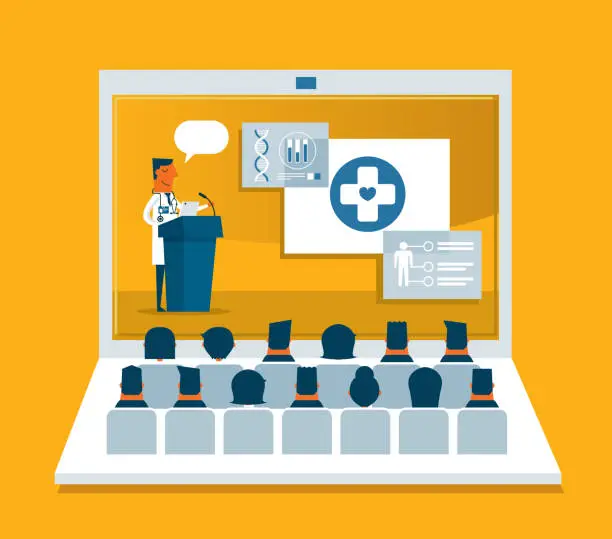 Vector illustration of Medical Professional Giving Speech About Cure - Laptop