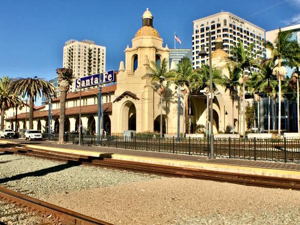 santa fe train depot station walking in downtown, san diego, ca - usa santa fe new mexico stock pictures, royalty-free photos & images