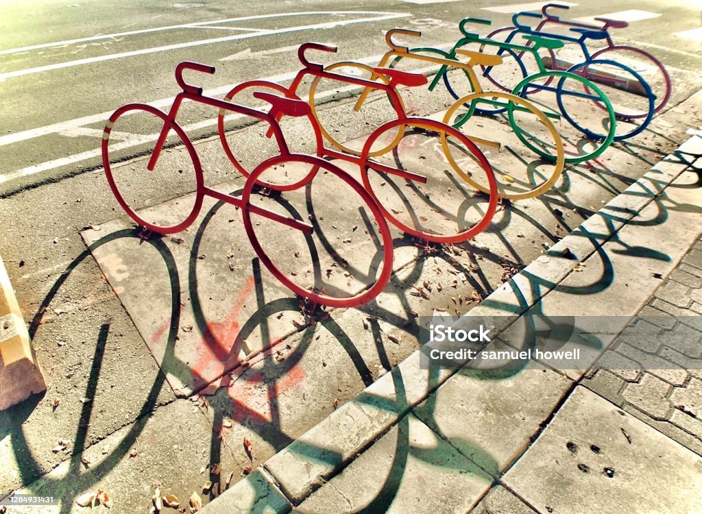 rainbow bicycle rack in hillcrest walking in downtown hillcrest - san diego, ca - usa San Diego Stock Photo