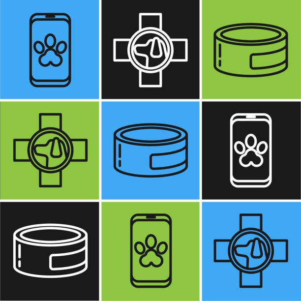 ilustraciones, imágenes clip art, dibujos animados e iconos de stock de establecer línea símbolo de clínica veterinaria en línea, comida enlatada y símbolo de clínica veterinaria icono. vector - tin can phone