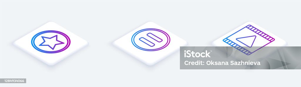 Set Isometric Line Star Pause Button And Play Video White Square Button ...