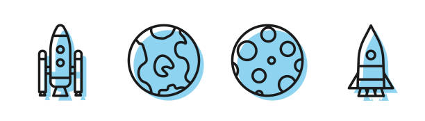 Set line Moon, Space shuttle and rockets, Earth globe and Rocket ship icon. Vector Set line Moon, Space shuttle and rockets, Earth globe and Rocket ship icon. Vector global launch icon stock illustrations