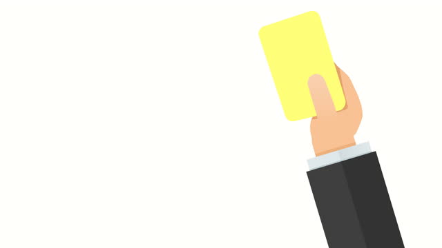 Yellow card and red card held up by a hand with white background (flat design)