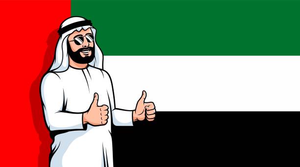 illustrazioni stock, clip art, cartoni animati e icone di tendenza di l'uomo arabo pollice in su uniti emirati sfondo bandiera - united arab emirates flag united arab emirates flag interface icons