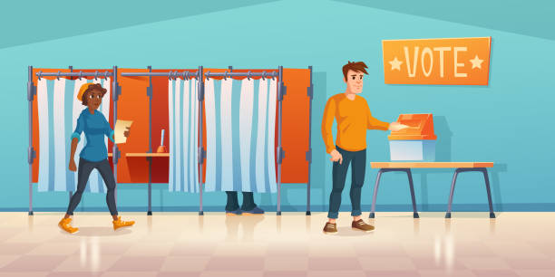 Polling place with voting booth at election day Polling place interior at election day. People choosing candidate in voting booths and put ballots in box. Vector cartoon illustration of political vote with man and african american woman voting queues stock illustrations