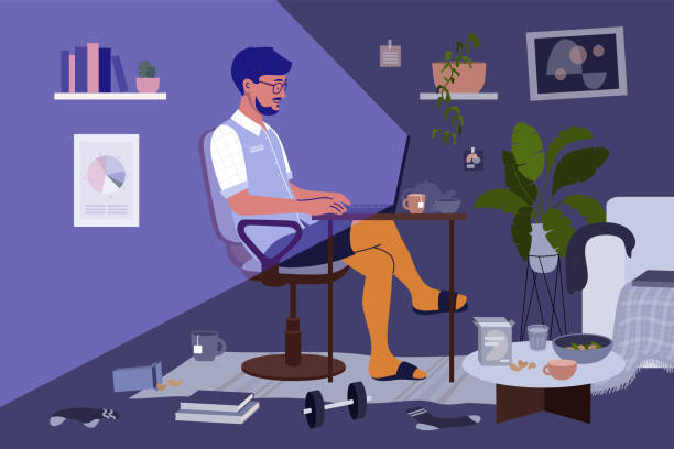 Man working from home online in messy room Messy home office. Business man, freelancer or student in shirt and shorts working from home by laptop. Virtuality vs reality of remote work. Guy making online video call in chaos. Vector illustration bachelor stock illustrations