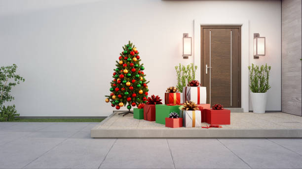 istock New house with wooden door and empty white wall. 1284940958