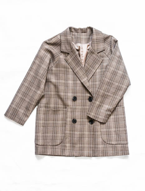 istock Women's plaid blazer on a light background, top view 1284940980