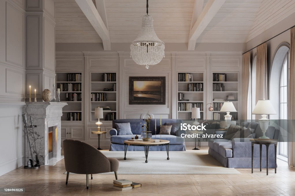Digitally rendered view of a beautiful living room Digital image of a beautiful living room of a large house in the style of a long island house Luxury Stock Photo