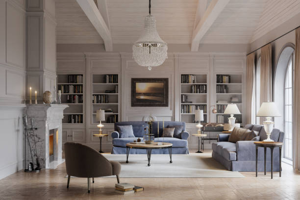 Digitally rendered view of a beautiful living room Digital image of a beautiful living room of a large house in the style of a long island house chimney photos stock pictures, royalty-free photos & images