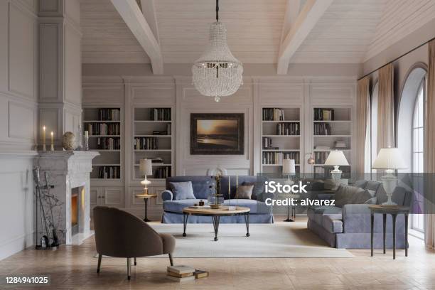 Digitally Rendered View Of A Beautiful Living Room Stock Photo - Download Image Now - Luxury, Living Room, Home Interior