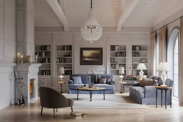 Digital image of a beautiful living room of a large house in the style of a long island house