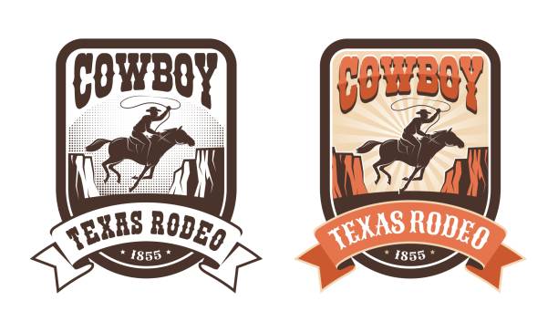 로데오 복고풍 서부 배지 - 올가미를 가진 기수 - rodeo cowboy horse silhouette stock illustrations