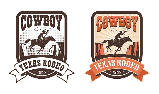 Rodeo retro western badge - horseman with lasso. Cowboy riding on horse - vintage emblem. Vector illustration.