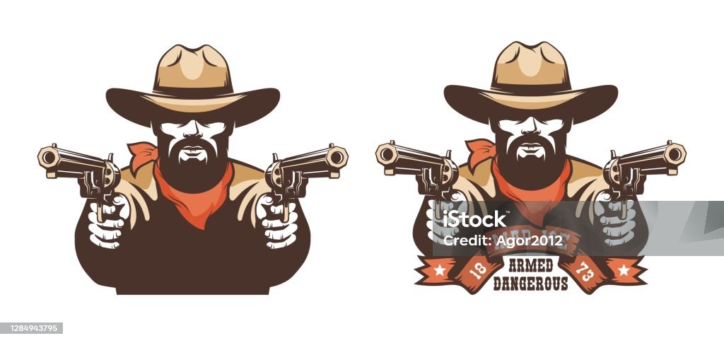 Silahlı sakallı kovboy batı gunfighter - Royalty-free Shootout Vector Art