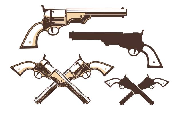 Western gun retro style Western gun retro style. Vintage wild west pistol. Cowboy revolver icon. Vector illustration. silhouette of a cowboys logo pic stock illustrations