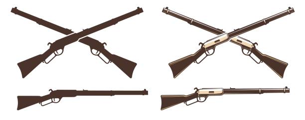 ilustraciones, imágenes clip art, dibujos animados e iconos de stock de icono retro del rifle winchester - cruzar
