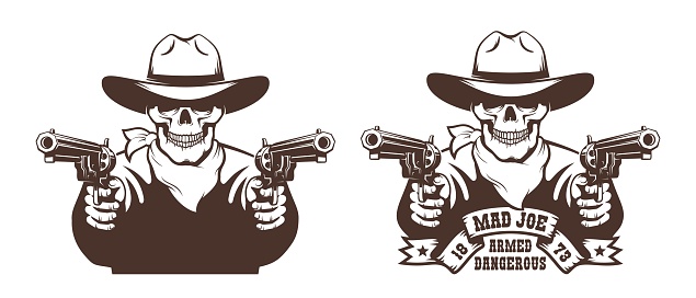 Cowboy Skull wild west gunfighter tattoo. Skeleton bandit with guns - retro vector illustration.