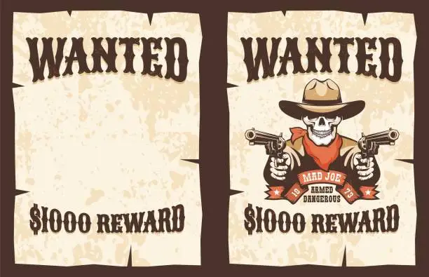 Vector illustration of Wanted vintage poster - skull cowboy with guns