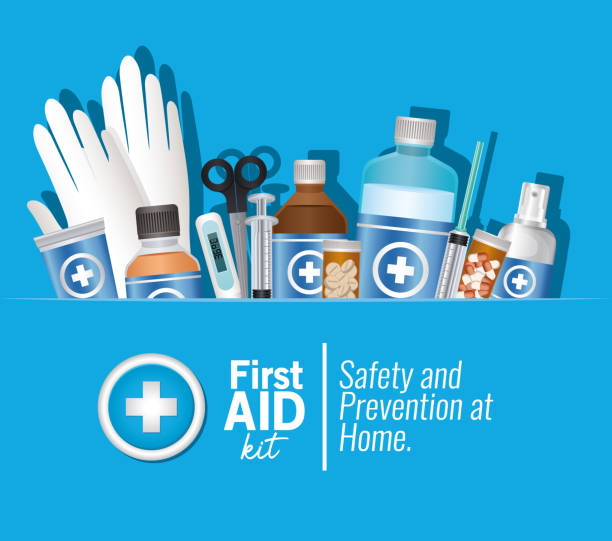 illustrations, cliparts, dessins animés et icônes de ensemble d’icônes first aid sur fond bleu - bandage wound first aid gauze