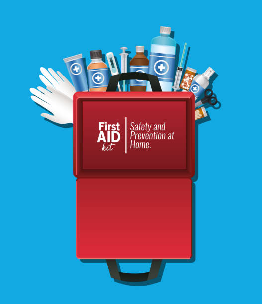 illustrations, cliparts, dessins animés et icônes de ensemble d’icônes de premier aid sur un paquet vide sur fond bleu - bandage wound first aid gauze