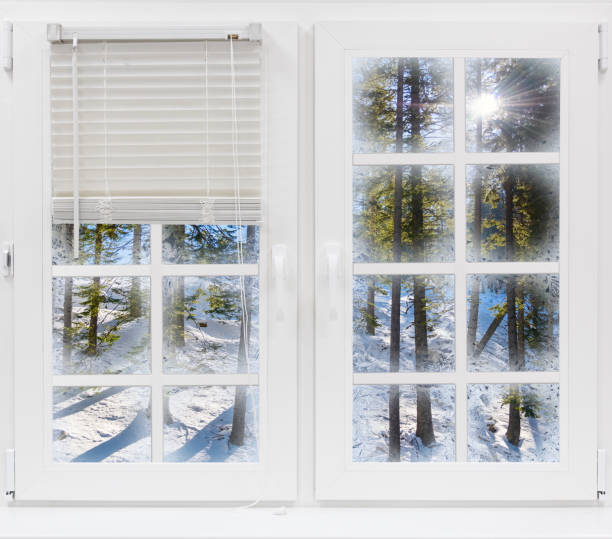 istock through a frozen window onto a winter landscape 1284946087