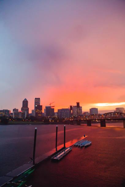 City sunset over the Portland Oregon skyline and willamette river.
