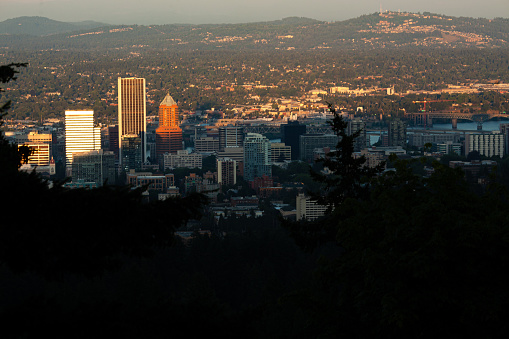 City sunset over the Portland Oregon skyline and willamette river.