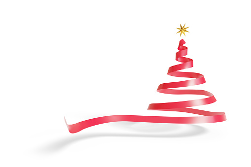 Red ribbon draws a Christmas tree with a gold star at its tip isolated on white background. 3d illustration.