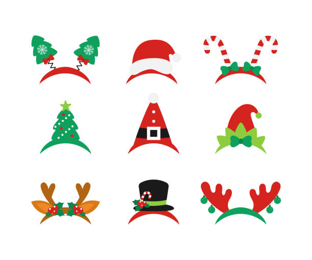 ilustrações, clipart, desenhos animados e ícones de ícones de decorações de natal definidos. faixas bonitas na cabeça. vetor - faixa de cabelo