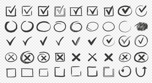 Hand drawn check signs. Doodle empty and filled boxes for answers in test. Checkmarks and crosses, confirmation or negation icons. Checklist marks template, vector voting isolated set Hand drawn check signs. Doodle checkmarks and crosses. Empty and filled boxes for answers in test, confirmation or negation icons. Checklist pencil marks template, vector voting isolated flat set checkbox stock illustrations