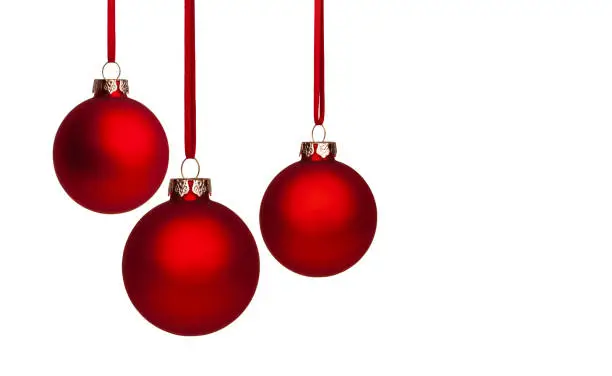 Three red Christmas balls against a white background