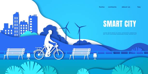 Smart city landing page. Cartoon man on electric vehicle, origami boy riding bicycle. Paper cut interface with headline and buttons. Ecological technology and electricity. Vector web site Smart city landing page. Origami boy riding bicycle. Paper cut interface with headline, buttons and text. Cartoon man on electric vehicle, green technology and ecological electricity. Vector web site papercutting illustrations stock illustrations