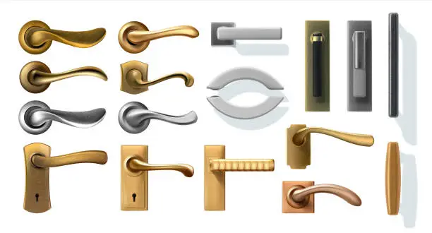 Vector illustration of Door handles. 3D realistic window furniture, steel, silver and copper lever arm with keyhole. Knobs for opening and closing entrance. Vector security and privacy protection set