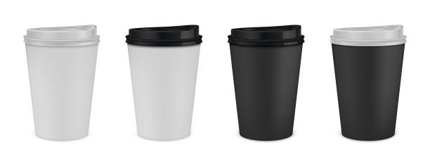 istock Coffee cup. Realistic paper mug mockup. Disposable cardboard utensil for hot drinks. Blank beverage containers with cafe or bar logo place. Brand identity template, vector barista set 1284950492