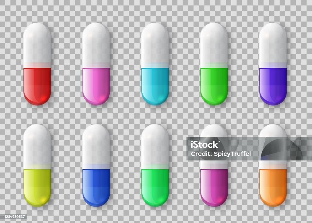 Pílulas de desenhos animados e cápsulas coloridas, cápsulas de