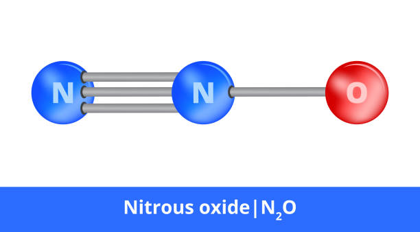 ilustraciones, imágenes clip art, dibujos animados e iconos de stock de modelo vectorial de bola y palo de sustancia química. icono de la molécula de óxido nitroso n2o con triple y un solo enlace. la fórmula estructural del nitroso es adecuada para la educación aislada en un backgroud blanco - nitric oxide