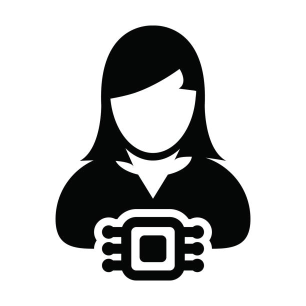 illustrations, cliparts, dessins animés et icônes de vecteur d’icône de puce pour l’implant humain avec le symbole d’avatar de profil de personne d’utilisateur féminin pour le système de suivi dans un pictogramme de glyphe - bar code biometrics people one person