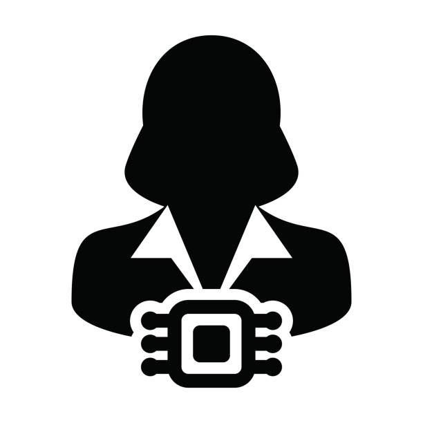 illustrations, cliparts, dessins animés et icônes de vecteur d’icône rfid pour implant de puce humaine avec le symbole d’avatar de profil de personne d’utilisateur femelle pour le système de suivi dans un pictogramme de glyphe - bar code biometrics people one person