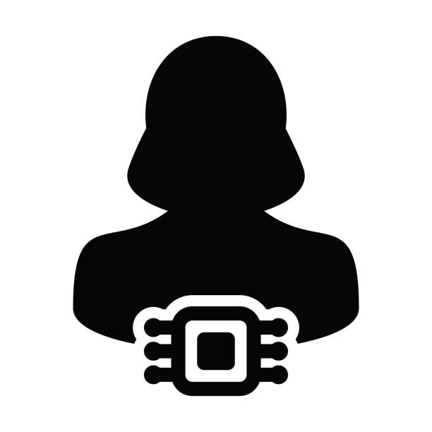 illustrations, cliparts, dessins animés et icônes de vecteur d’icône d’avatar avec l’implant de puce rfid pour le symbole humain de système de suivi avec le profil féminin de personne d’utilisateur dans un pictogramme de glyphe - bar code biometrics people one person