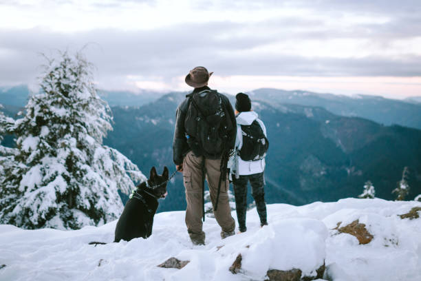istock Hikers and Dog in Snow Covered Pacific Northwest 1284954535