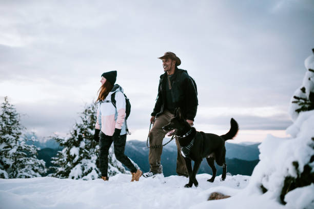 istock Hikers and Dog in Snow Covered Pacific Northwest 1284954639