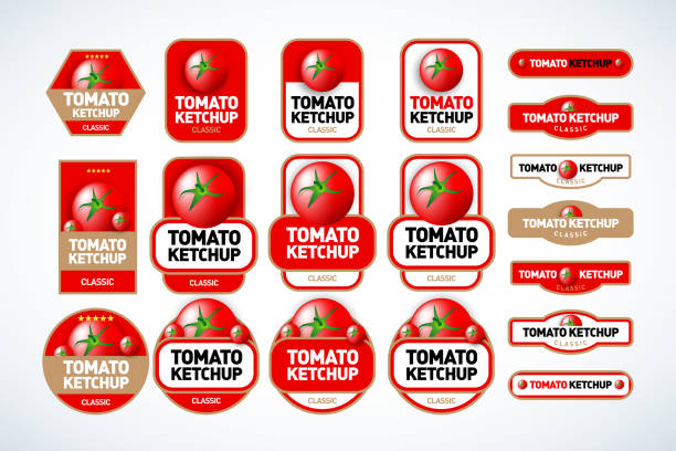 tomaten-ketchup, sauce abzeichen label design-set. vektor handgezeichnete illustration von tomaten in gravurtechnik. vintage schild form vorlagen für tomatensauce verpackung. - ketchup stock-grafiken, -clipart, -cartoons und -symbole