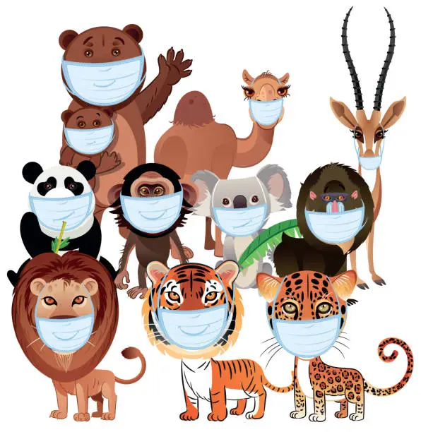 Vector illustration of Animals wearing a medical mask