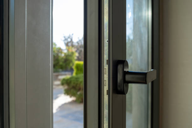 istock Aluminum door window closeup view, blurry background 1284956006