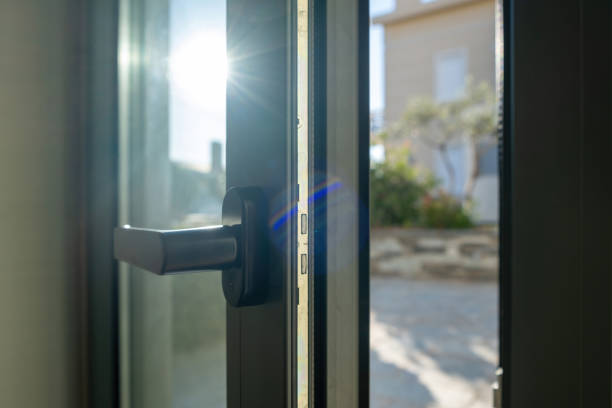 istock Aluminum door window closeup view, blurry background 1284956015