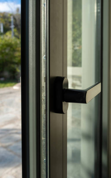 istock Aluminum door window closeup view, blurry background 1284956023