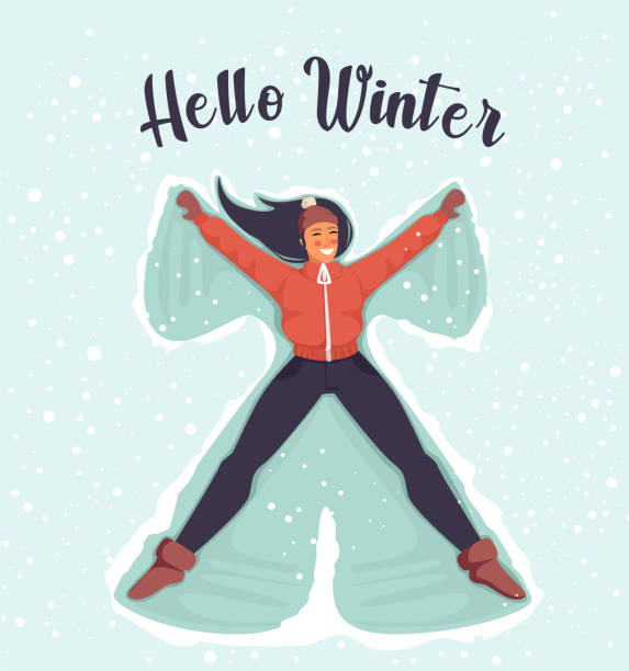 Happy Woman makes Snow Angel top view. Hello winter lettering. Christmas card for invitations, congratulations. Happy Woman makes Snow Angel top view. Hello winter lettering. Christmas card for invitations, congratulations. Cute christmas characters for holiday decoration snow angels stock illustrations
