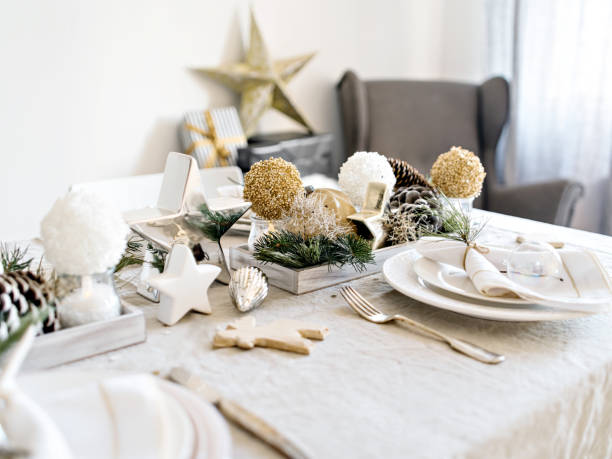 Scandinavian style table set for Christmas dinner.