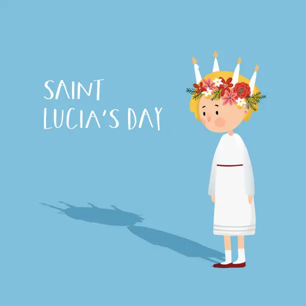 Vector illustration of Little blonde girl with floral wreath and candle crown and long shadow. Saint Lucia. Swedish Christmas tradition, vector illustration background, flat design.